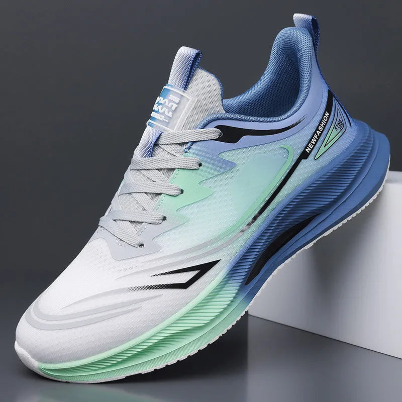 Men's casual mesh shoes in black, blue, and green colour options with round toe and rubber sole