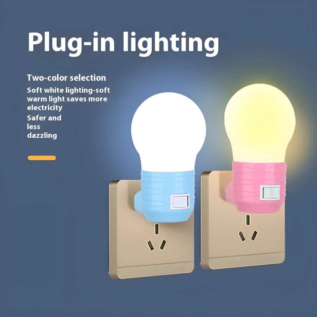 Compact round plug-in bedside lamp in white, blue, or pink for night feeding.