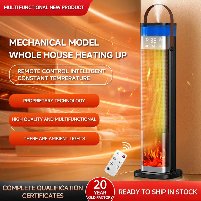 Tall, slim intelligent vertical heater with humidification function and remote control on a wooden floor.