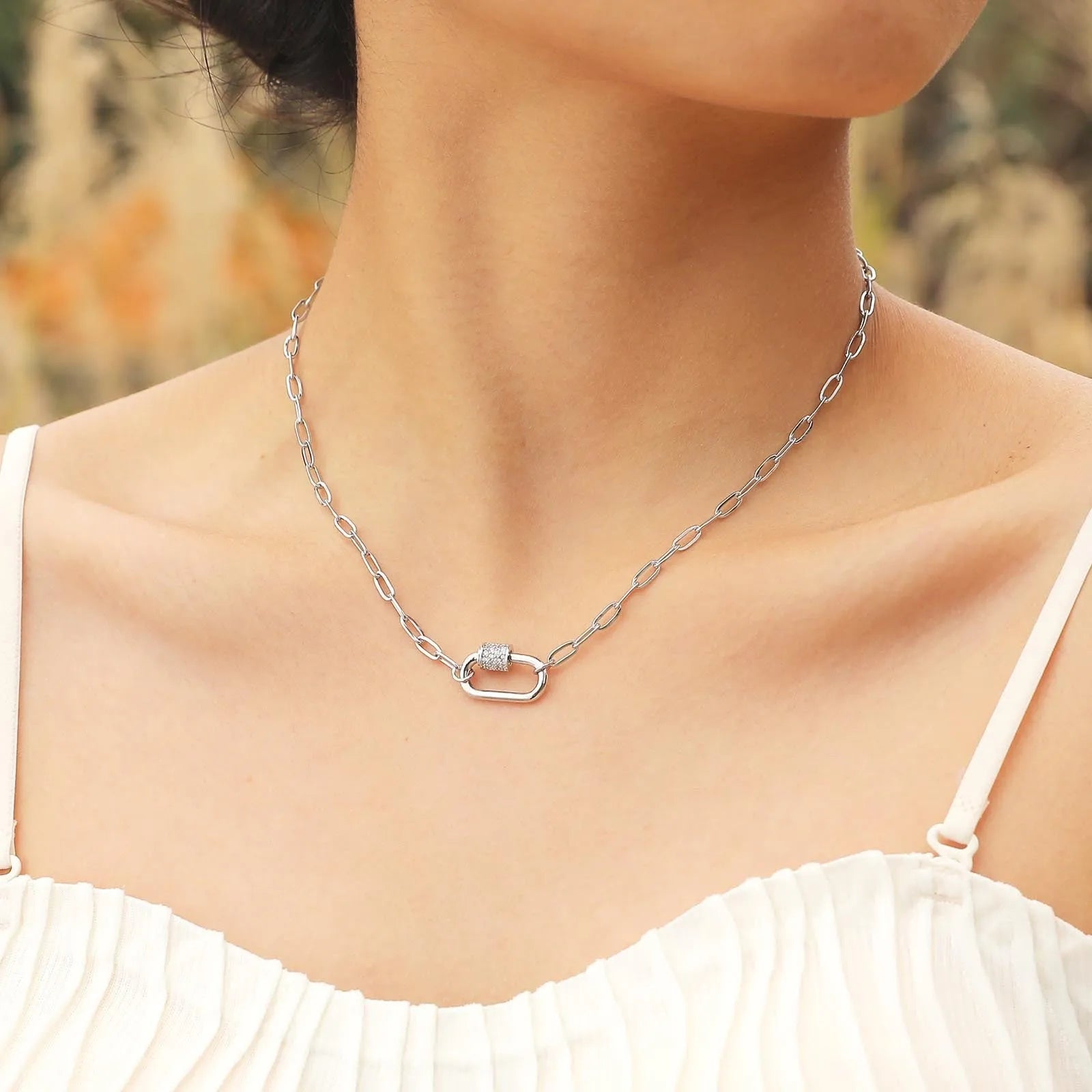 Small square chain stainless steel pendant necklace with oval zircon stone in gold colour finish