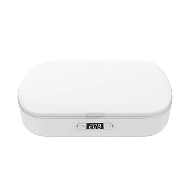 White UV wireless disinfection and charging box for sterilising mobile phones and personal items.