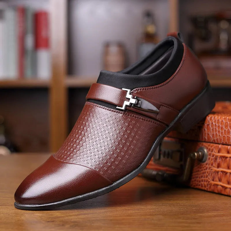 Men's black leather toe cap formal shoes with rubber sole on white background