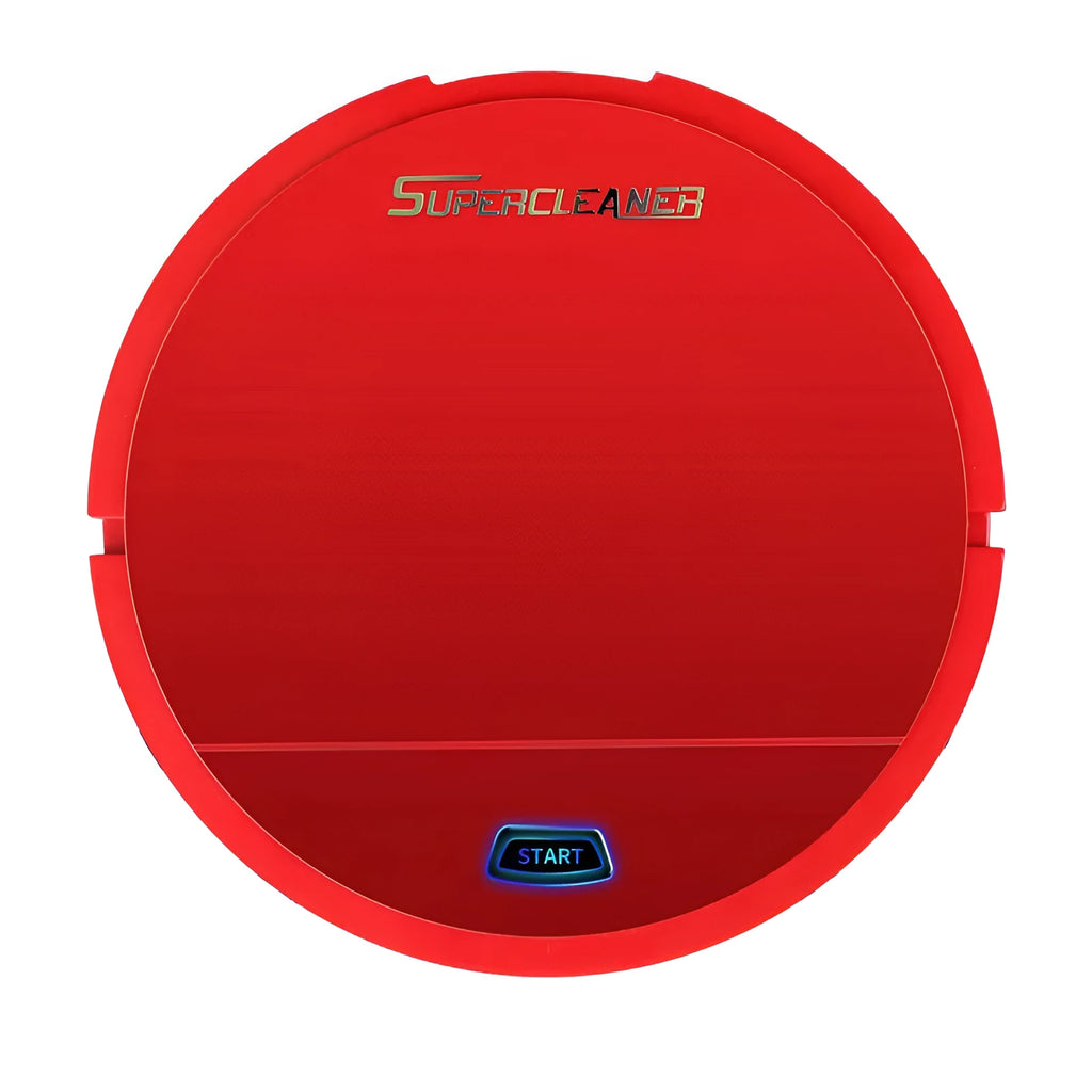 Black, red, and white intelligent robotic floor sweeper with sweeping brushes and suction intake.