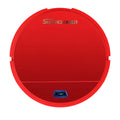 Black, red, and white intelligent robotic floor sweeper with sweeping brushes and suction intake.