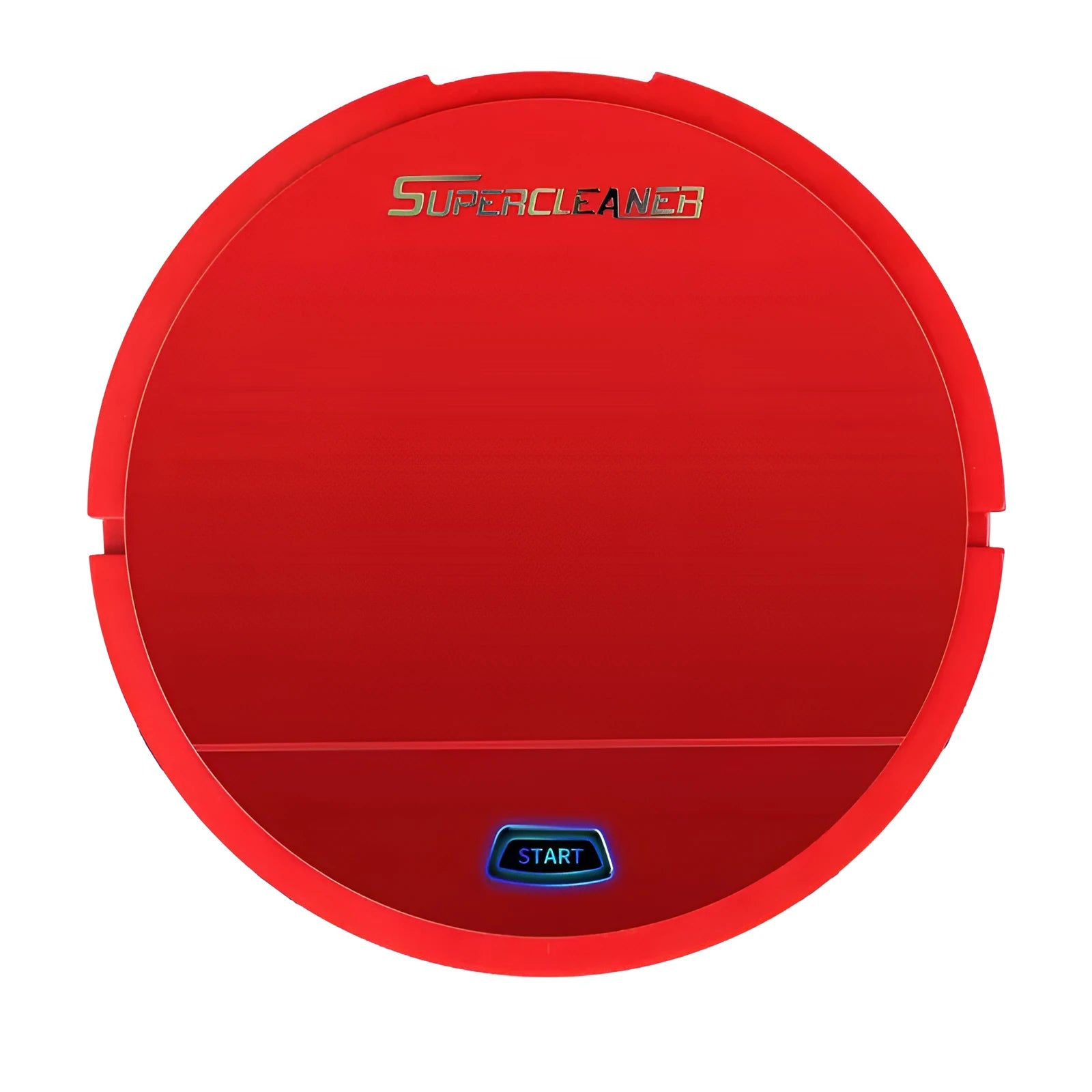 Black, red, and white intelligent robotic floor sweeper with sweeping brushes and suction intake.