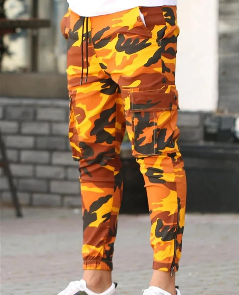 Men's casual camouflage pants with elastic waist and full-length polyester cargo style in blue and green colours