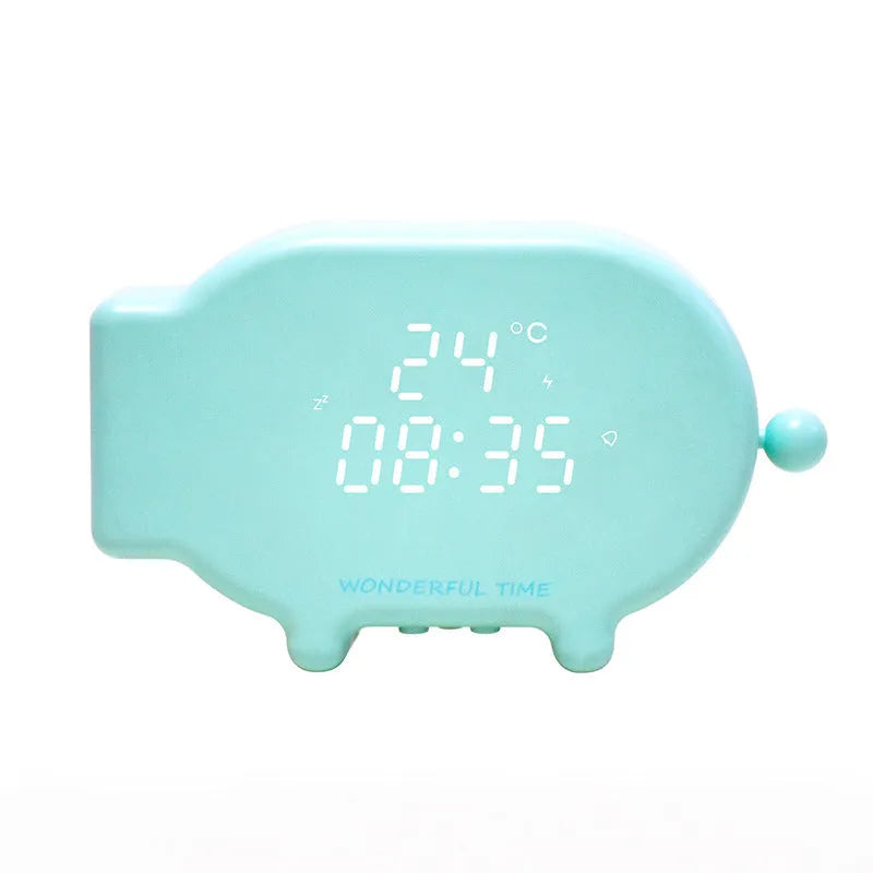 Blue LED alarm clock with digital time and temperature display featuring USB charging port