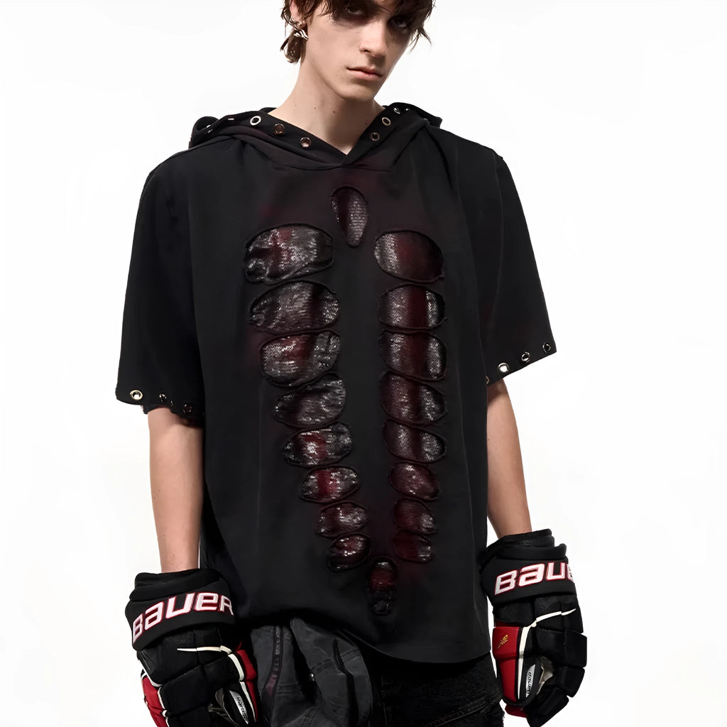 Black men's hooded short-sleeve T-shirt with sequin details and a loose-fitting silhouette.