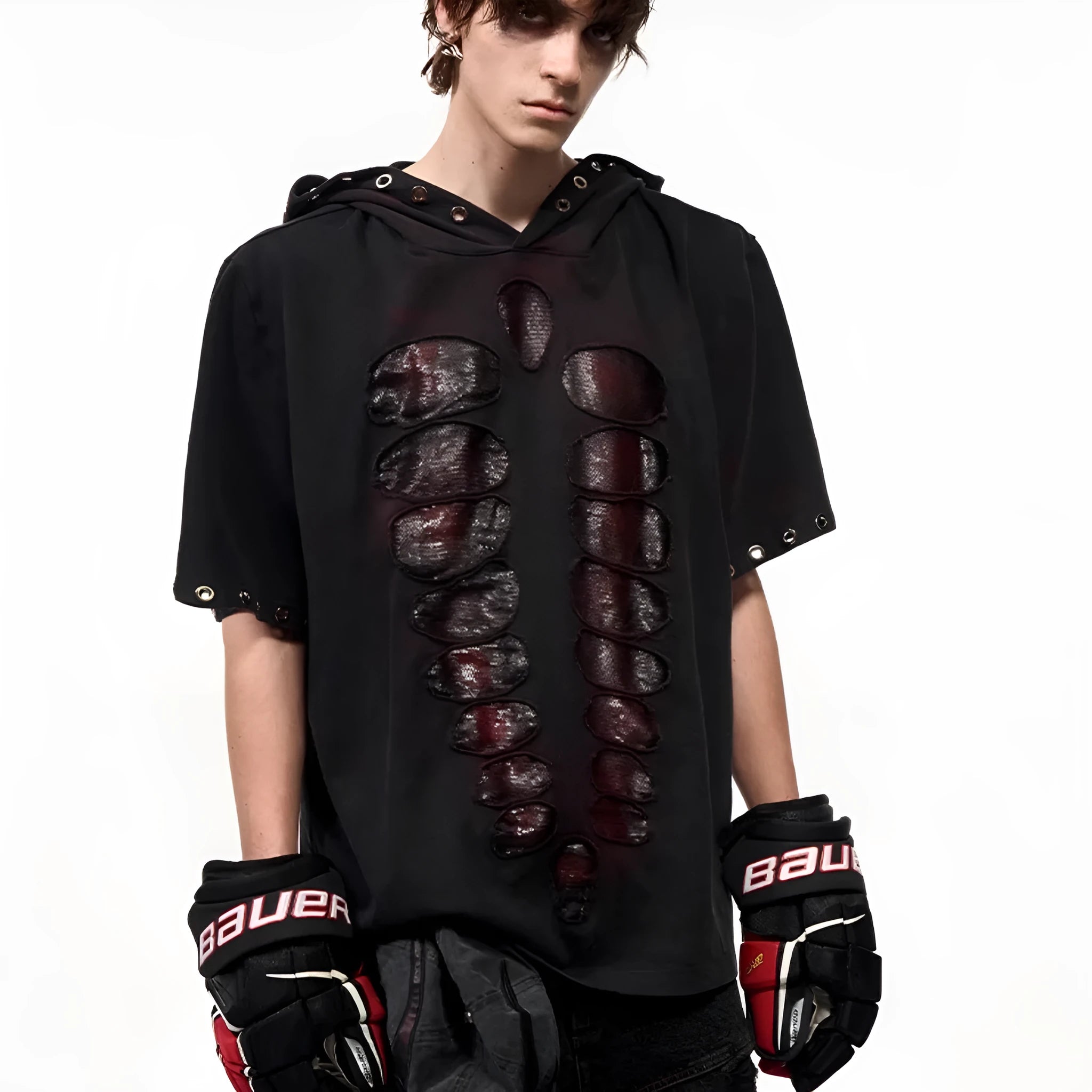 Black men's hooded short-sleeve T-shirt with sequin details and a loose-fitting silhouette.