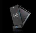 Black multifunctional Bluetooth speaker with wireless charging pad, phone stand, and 2000mAh power bank