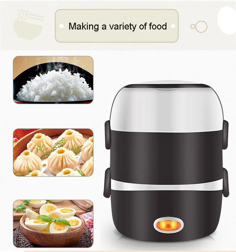 USB-powered electric lunch box showing two-layer and three-layer food container options