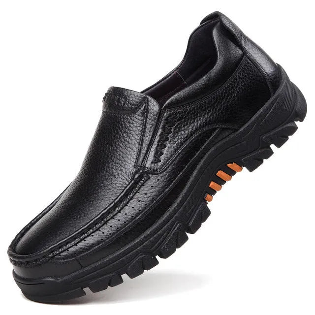 Men's black business casual leather slip-on shoes with rubber sole