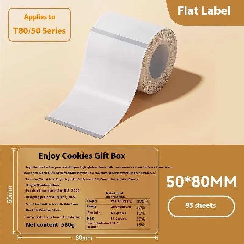 Transparent waterproof adhesive labels in multiple sizes on thermal synthetic paper sheets