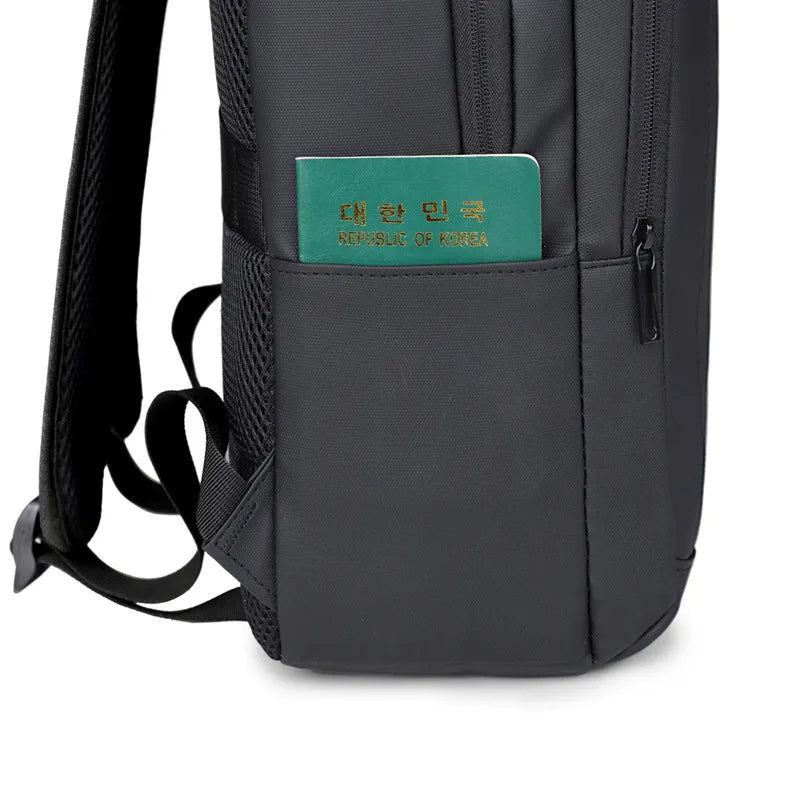 Black waterproof USB laptop backpack with air pillow belt and polyester lining