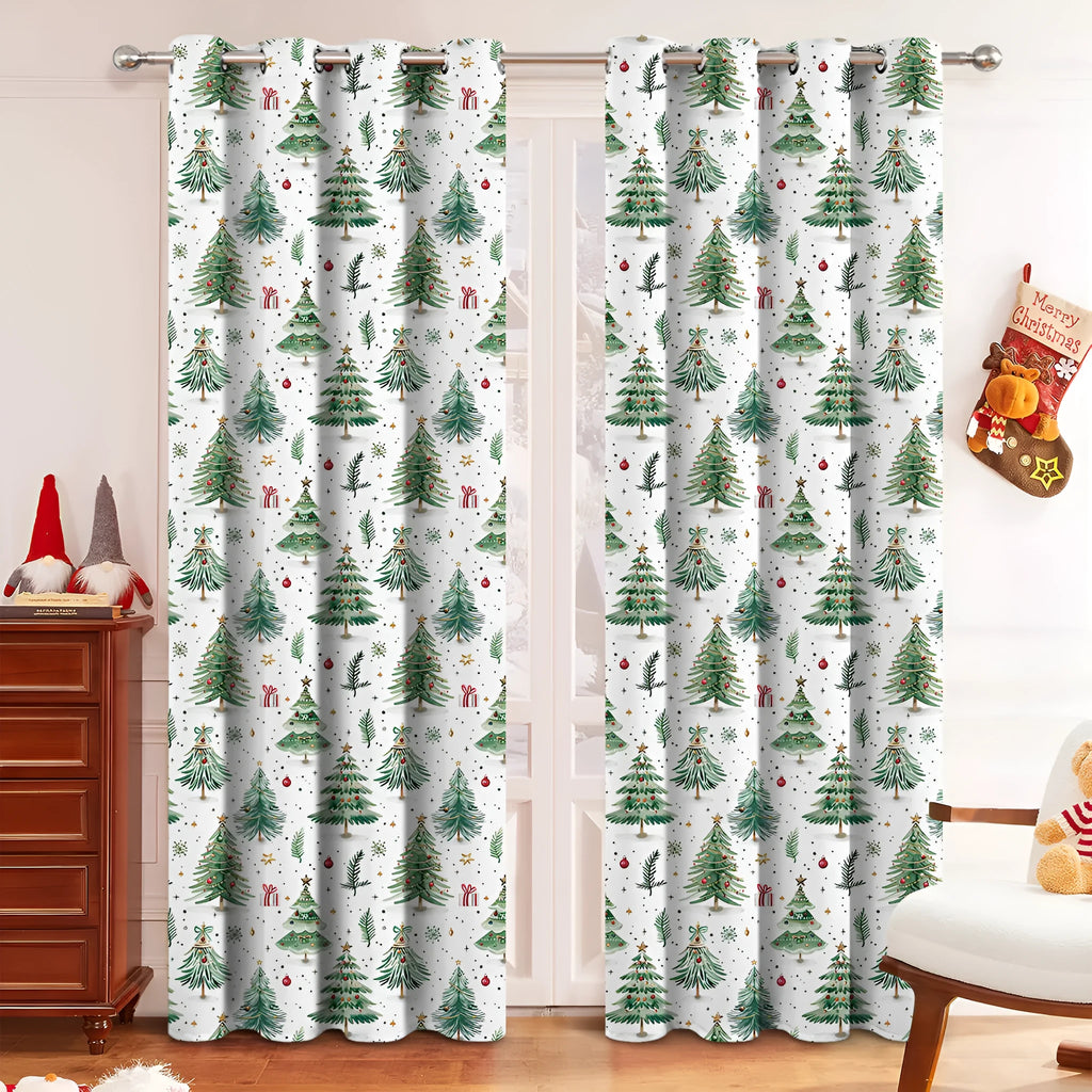 White polyester curtain with punched Christmas Forest tree pattern, showcasing its modern simplicity style and sunshade fabric.