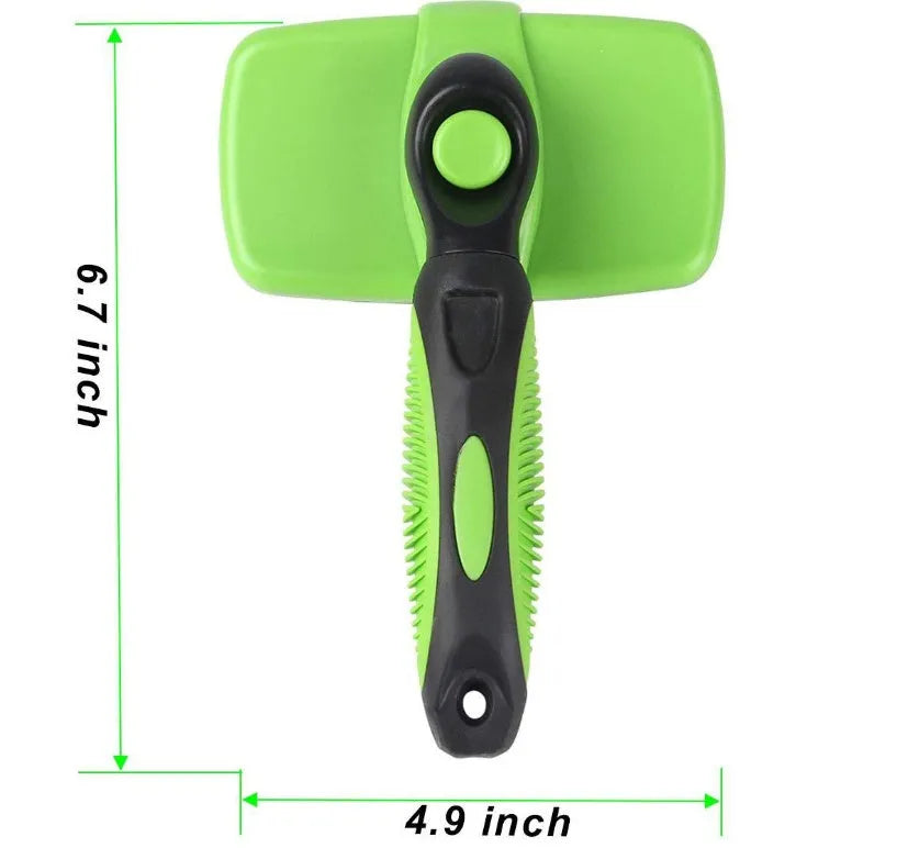 Pet self-cleaning slicker brush with stainless steel needles and TPR handle, green colour