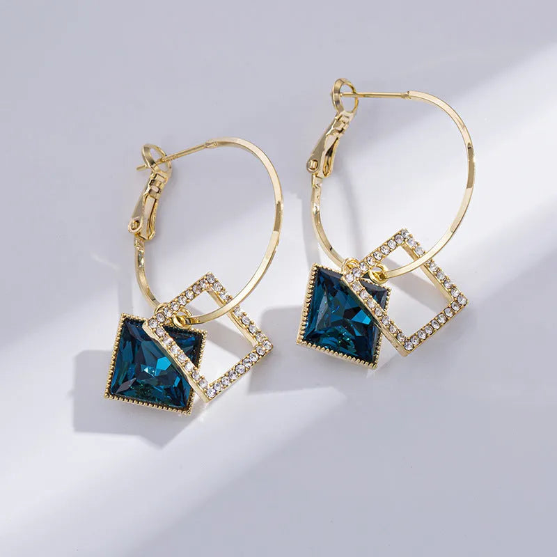 Square inlaid zircon earrings for women, copper plated gold with 925 silver needle, geometric quadrilateral shape, fashion OL style