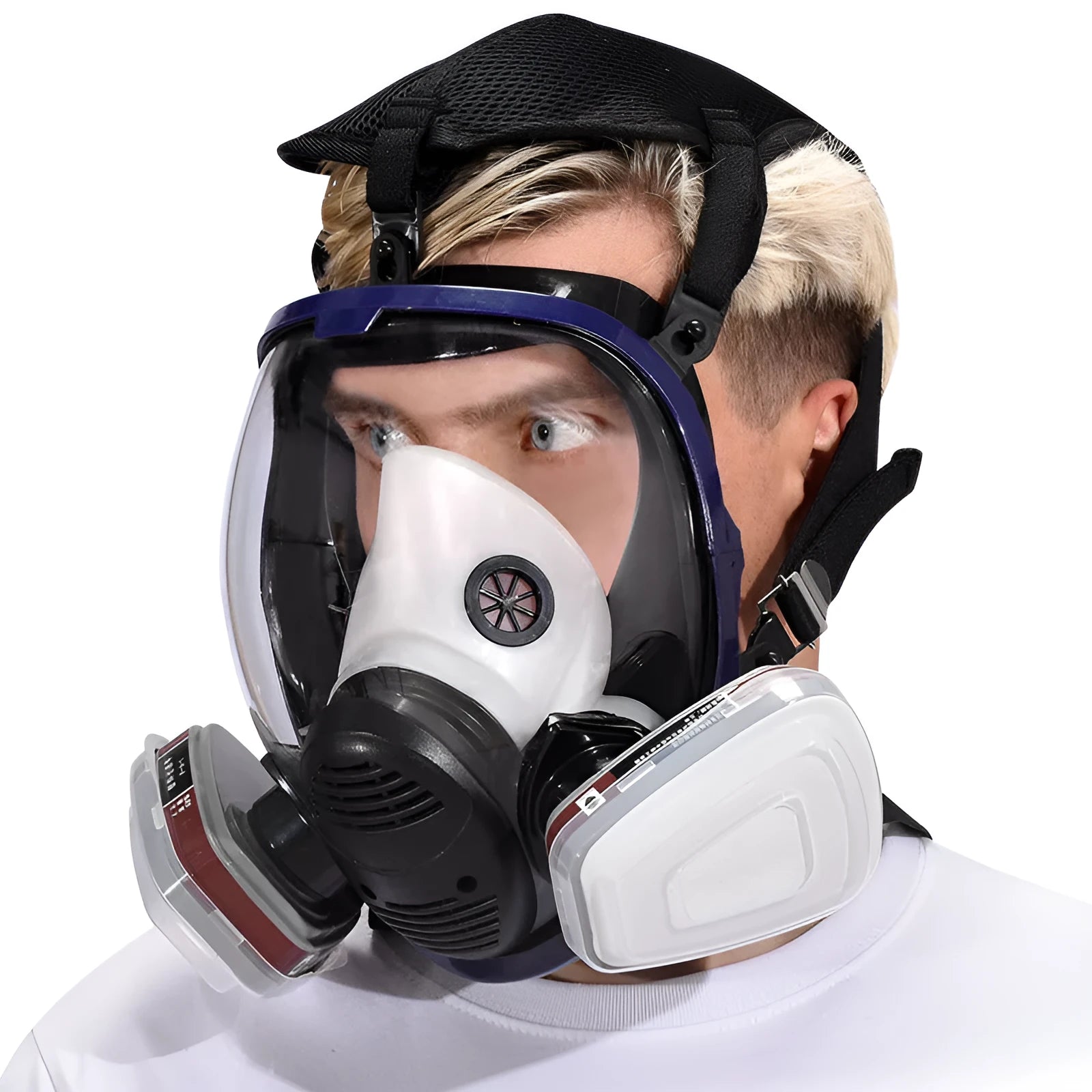 Blue edge spherical full mask with trapezoidal canister showing KN95 and activated carbon protection
