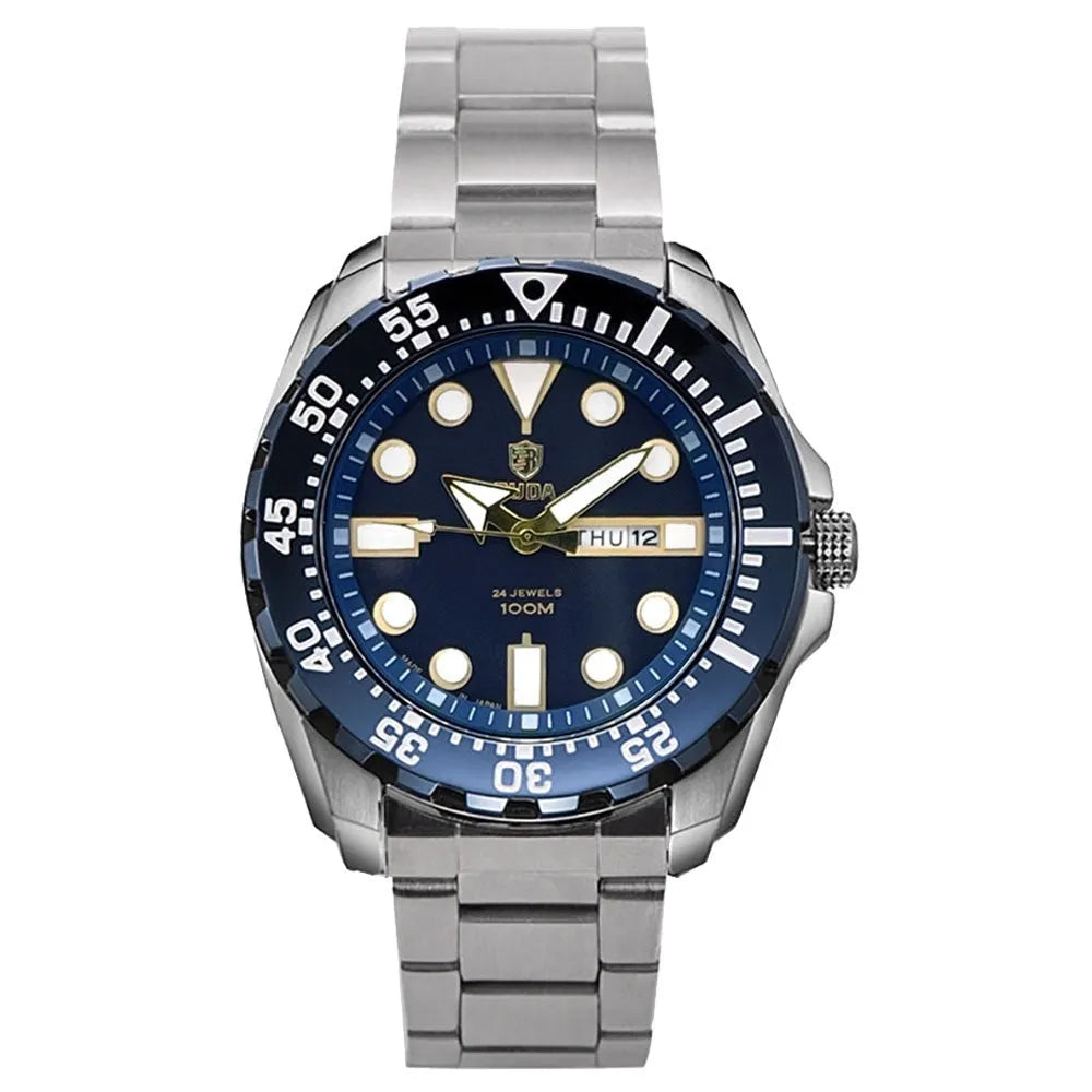Waterproof men's sports watch with luminous quartz movement showing blue dial and steel strap option