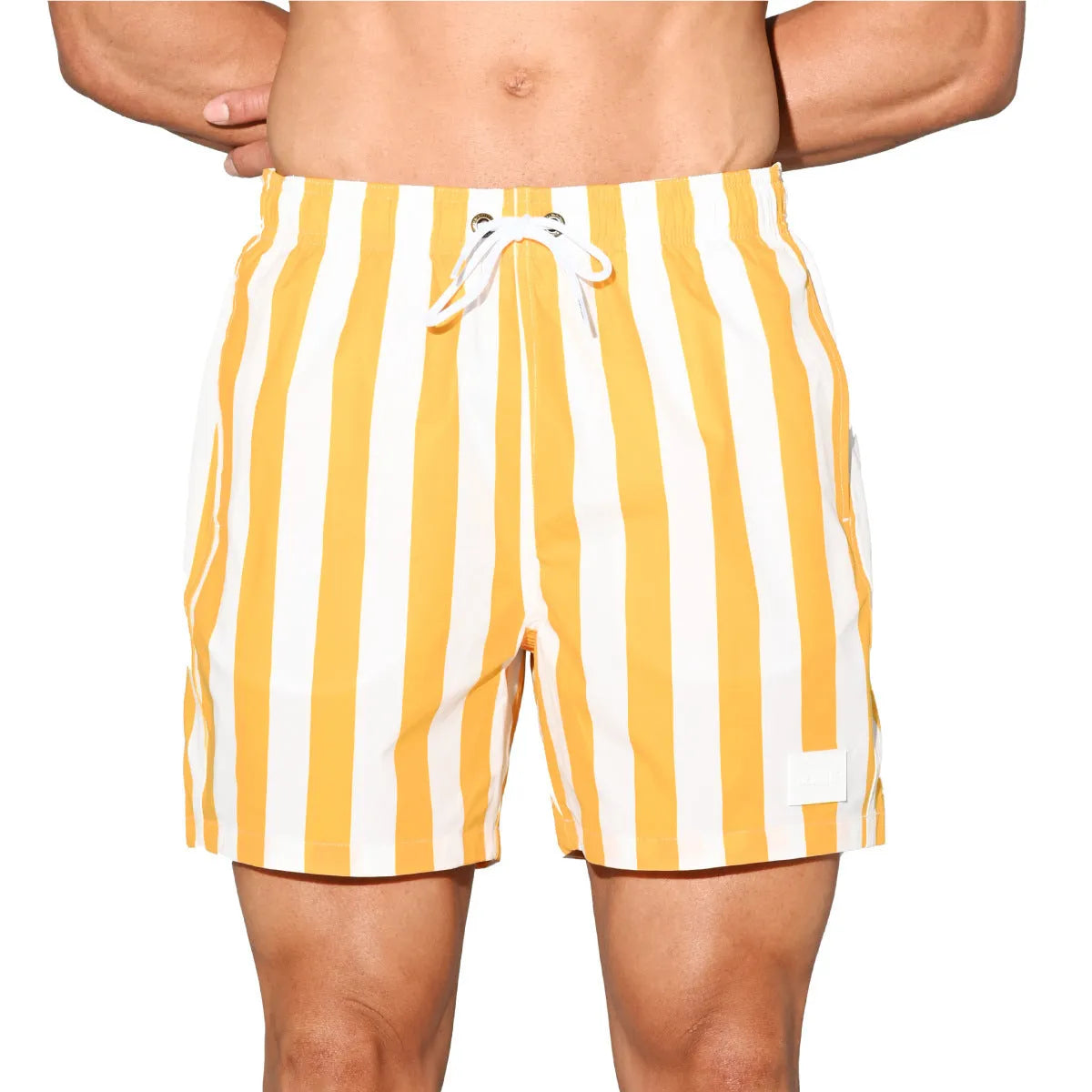 Men's casual loose striped quick-drying shorts in black and white stripes, polyester fibre summer sport shorts with elastic waist