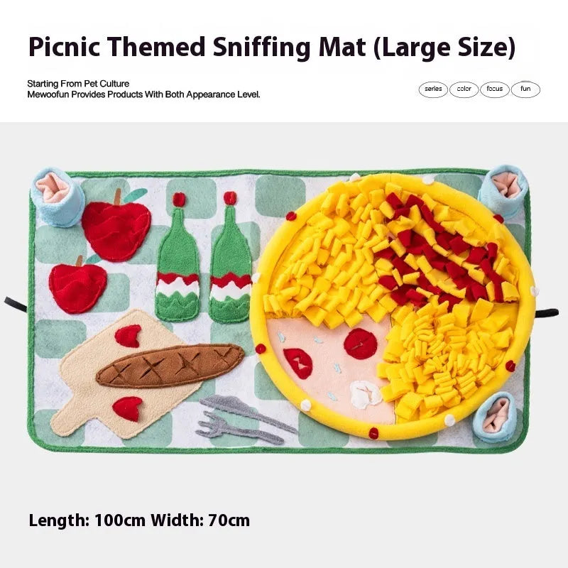 Fabric dog sniffing mat with printed garden camping theme pattern for hiding treats.