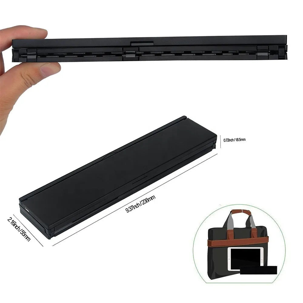 Black folding wireless Bluetooth keyboard for tablets showing compact 5.8-inch design with aluminium bottom and numeric keypad