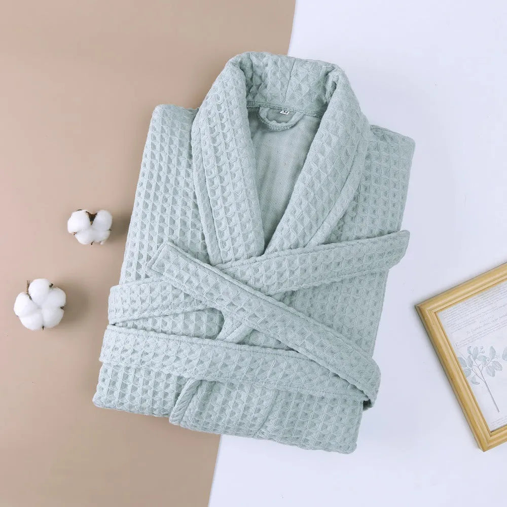 Cotton double waffle unisex thickened long robe in gray, for autumn adult bathrobe use