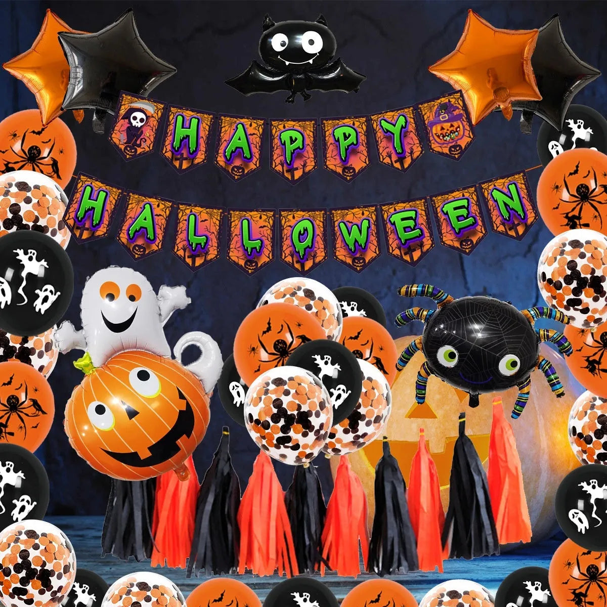 Halloween spider balloon arch decoration set with white and black latex balloons showing skull, pumpkin, and spider designs