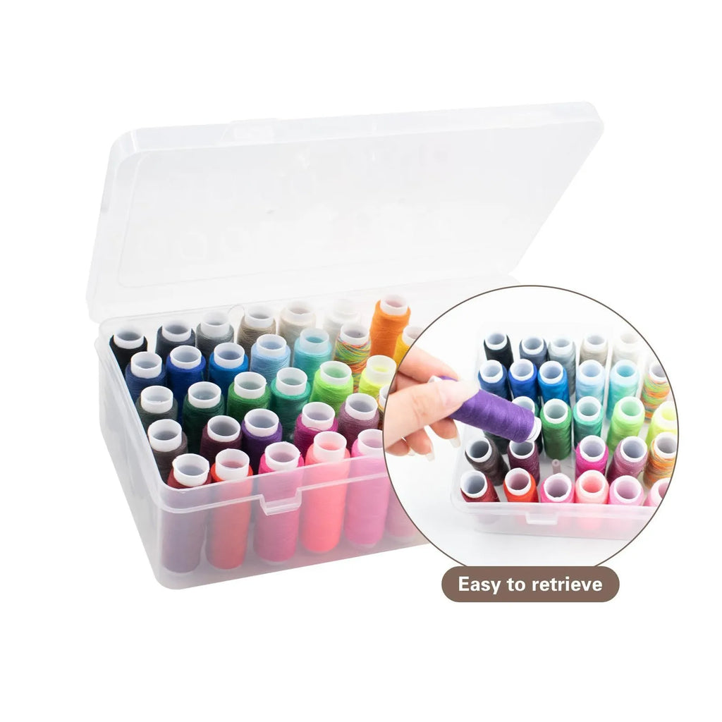 Transparent plastic storage box with 42 compartments for embroidery threads and sewing supplies