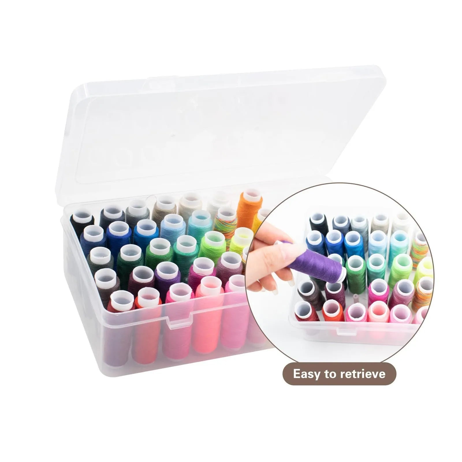 Transparent plastic storage box with 42 compartments for embroidery threads and sewing supplies