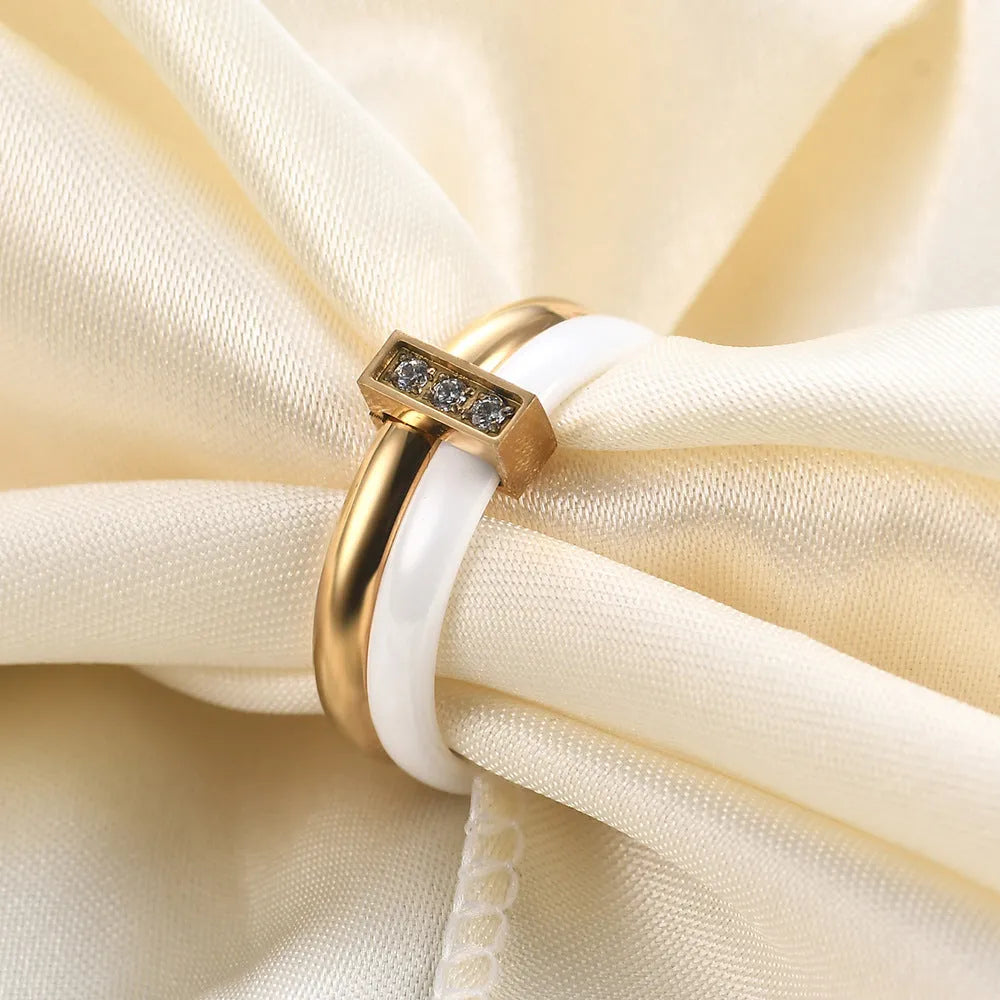 Women's ceramic ring with glossy stitching detail in steel black colour on size 8 finger