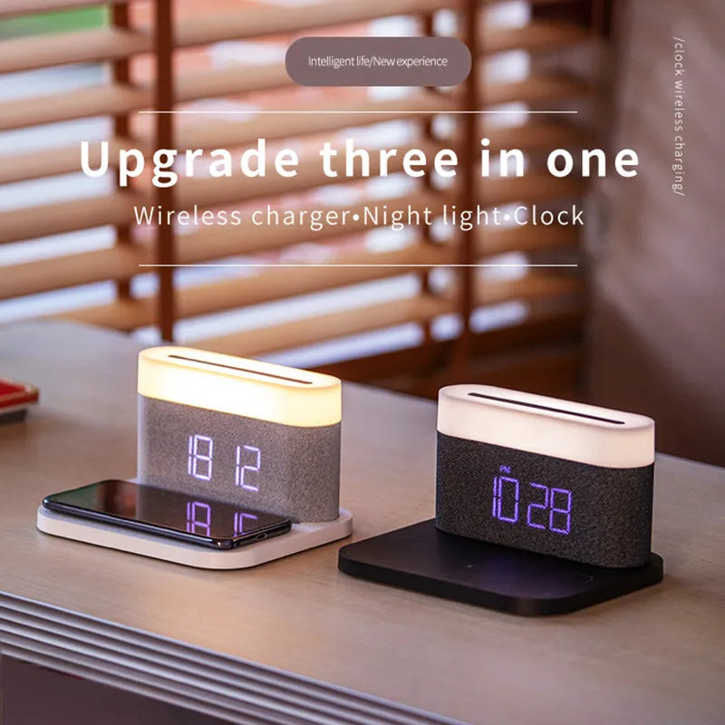 Modern black and white wireless charging desk clock with integrated night light and table lamp.