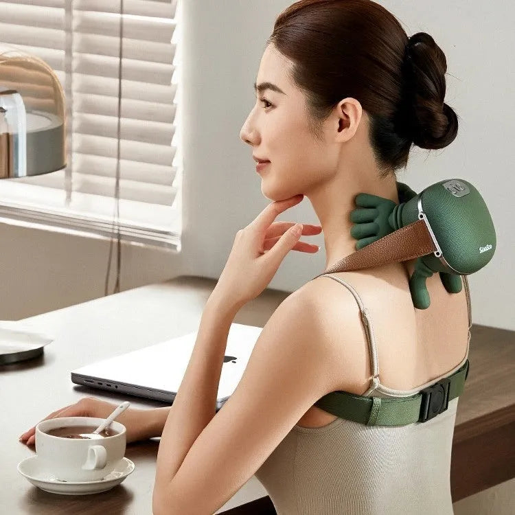Electric neck and shoulder massager in moss green with 4D kneading and heat, cordless design