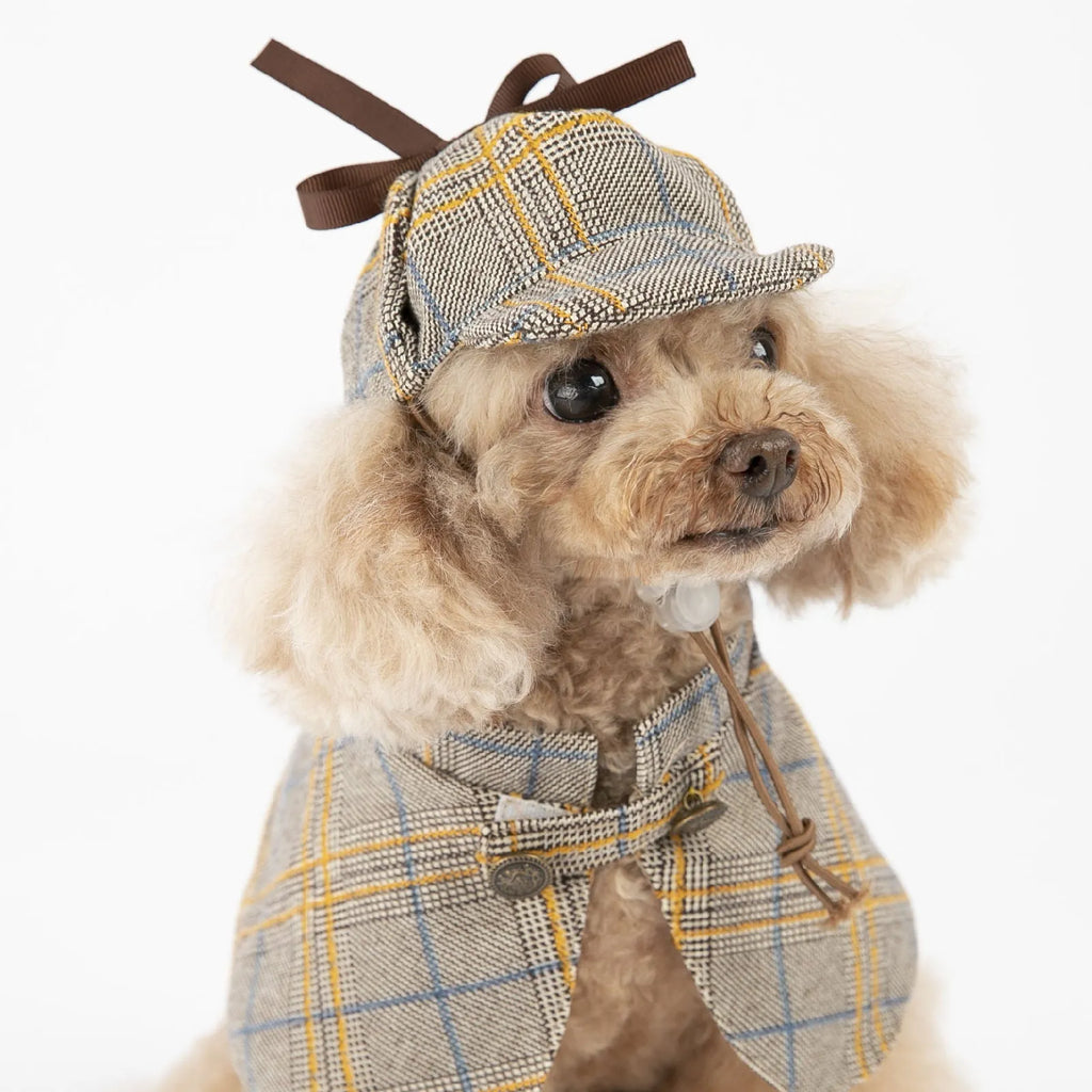 Camel-colour cotton detective cloak pet costume with adjustable hat on a small dog