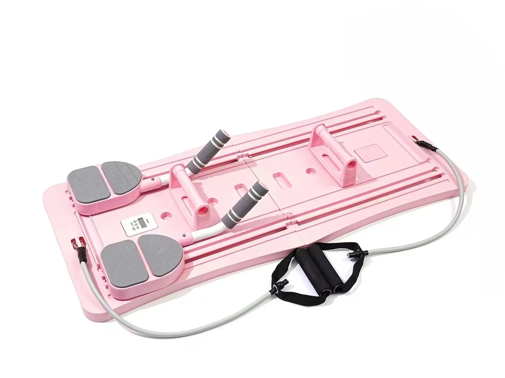 Purple foldable belly panel trainer for abdominal exercises on a home floor
