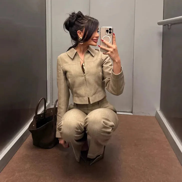 Women's herringbone pattern suit set with 3D embroidery, showing jacket and straight-leg trousers