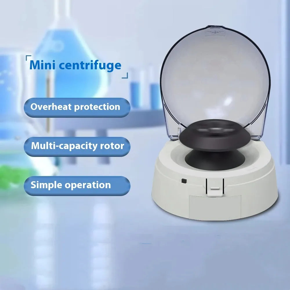 Compact laboratory mini centrifuge measuring 157x170x120mm with 7000 RPM maximum speed