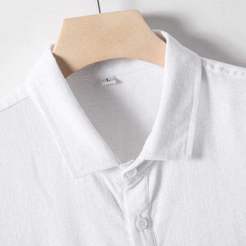 Men's loose lapel linen-blend t-shirt in black, optic linen, or white, short sleeve pullover style.