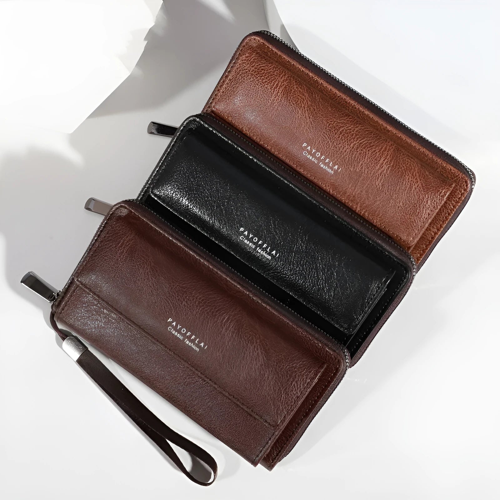 Men's black PU leather long wallet open showing multiple card slots and a zipped coin pocket.
