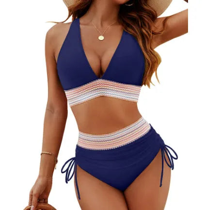 Women's high-waisted bikini set with colour-blocking drawstring briefs and sleeveless top.