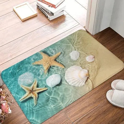 Personalised flannel floor mat showing coastal starfish and brown cow print options in square shape.