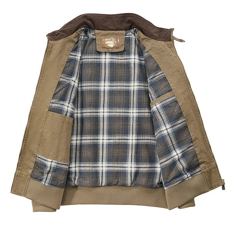 Men's plus size washed cotton baseball jacket shown in Camel colour on a hanger.