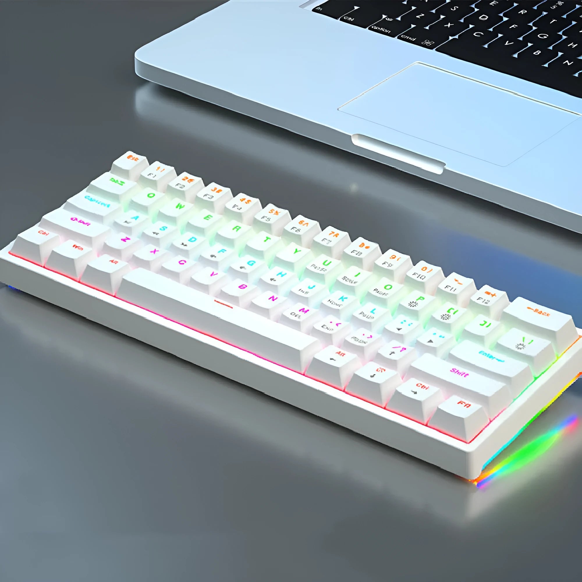 61-key mechanical keyboard with blue and white colour scheme and compact design