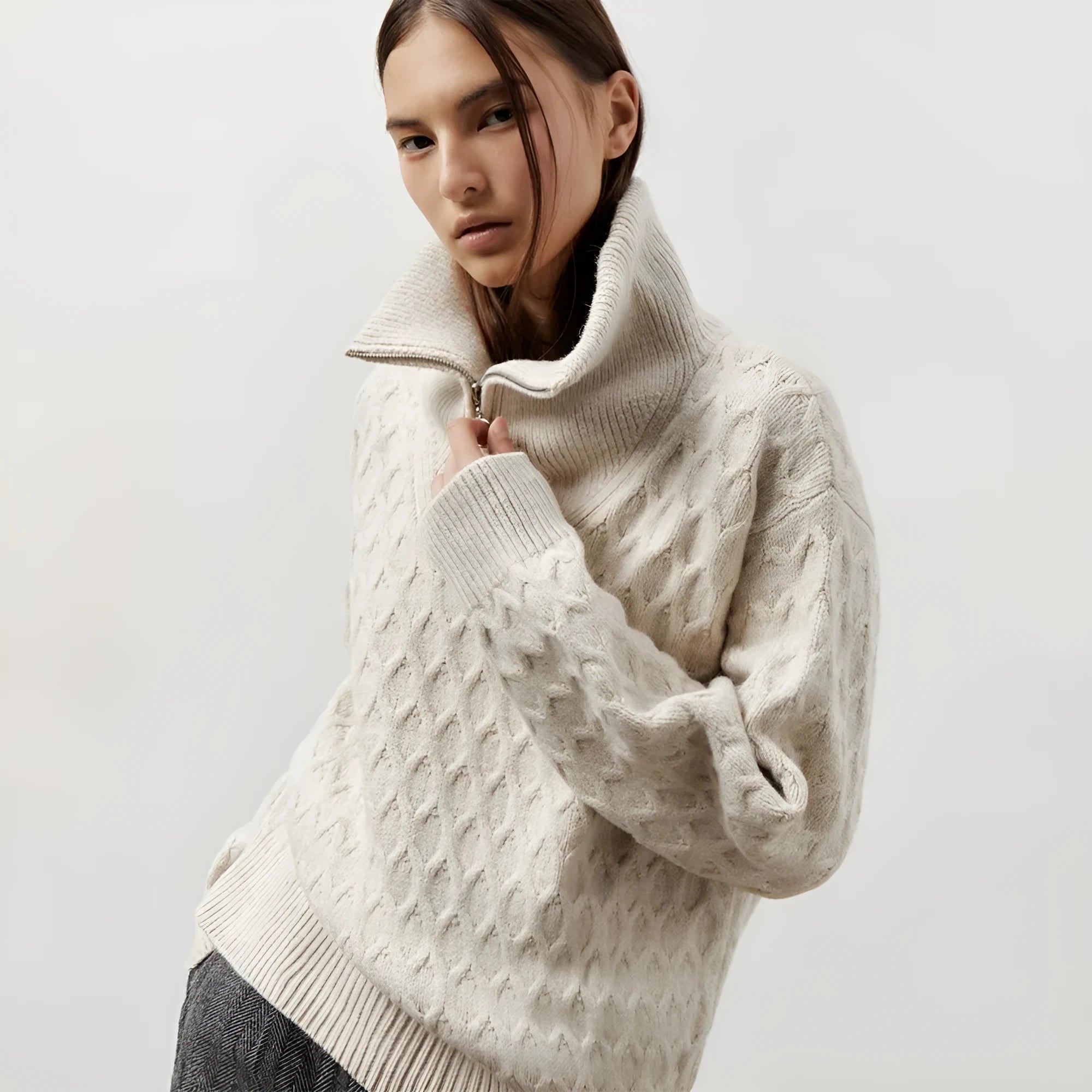 Women's high-neck half zip pullover sweater in apricot with crochet details on front