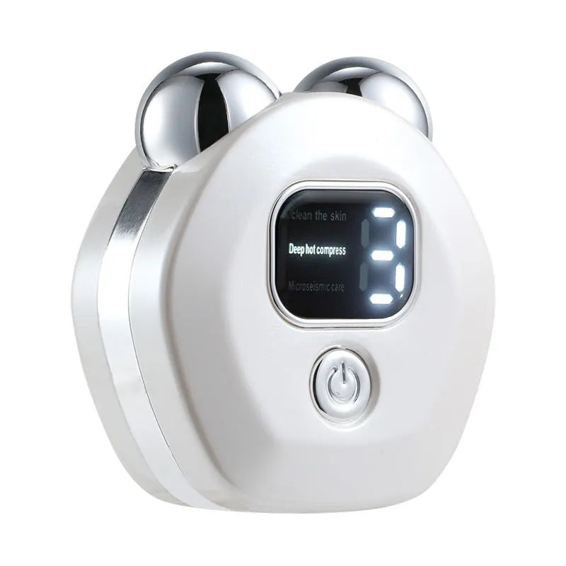 Portable white hot compress microcurrent facial massage instrument with two silver roller heads.