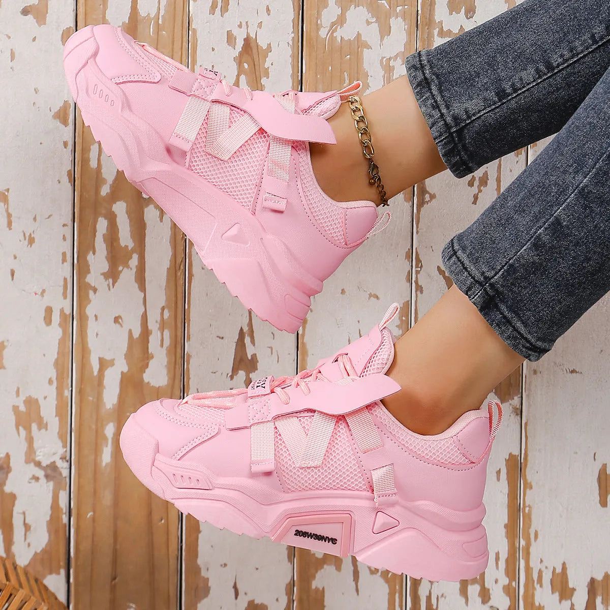 Women's platform mesh dad shoes in multiple colours with animal pattern design and lace-up front