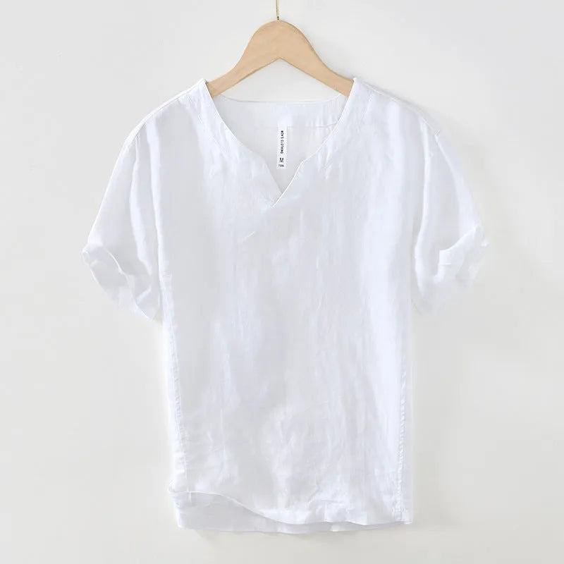 Linen short sleeve pullover T-shirt top in brown, green, dark gray, khaki, and white colours