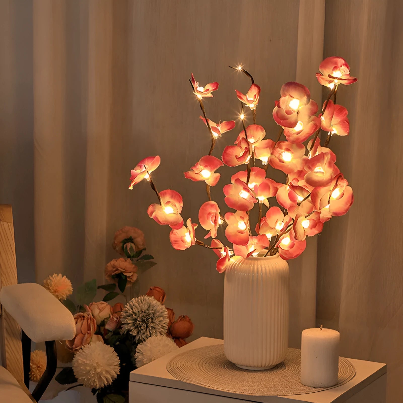 Pink LED phalaenopsis orchid branch decorative light with 65cm fabric and plastic stem