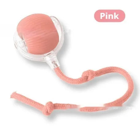 Silicone self-moving rolling ball cat toy in green, red, and grey colour options.