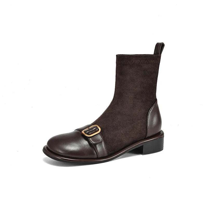 Women's black low heel Martin boots with belt buckle stitching and front lace-up design
